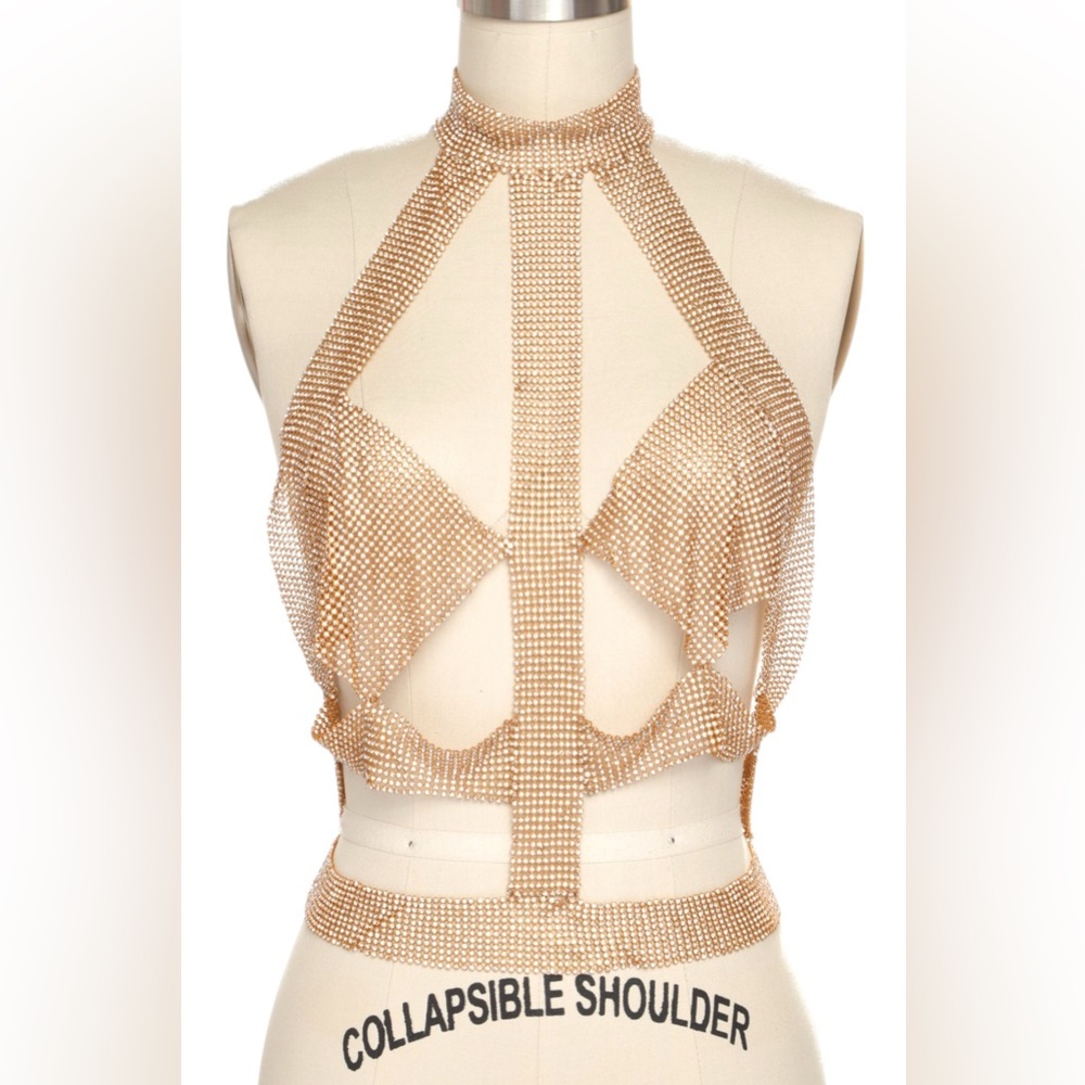 Glamorous Gold Rhinestone Mesh Statement Body Chain - Picture 2 of 5